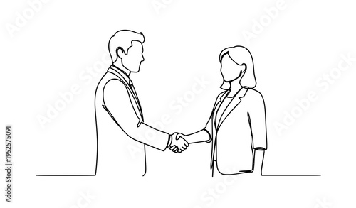 A minimalist line art illustration of a man and woman shaking hands