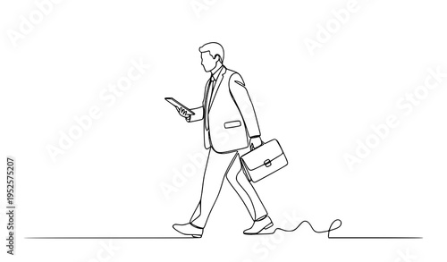 A minimalist line art illustration of a businessman walking while using his phone