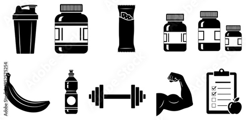 Fitness and Nutrition Icons: Dumbbell, Protein Shaker, Banana, Bicep, Supplements, Checklist Vector Illustration