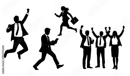 A group of business people in black silhouette celebrating success