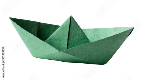 Fotografía Isolated green paper boat, handcrafted origami toy, simple folded design, side v