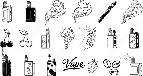 Vape Vector Illustration Set with Electronic Cigarettes, Smoke Clouds, Fruit Flavors like Cherry and Strawberry, Coffee Beans, and Hand Holding Mod.