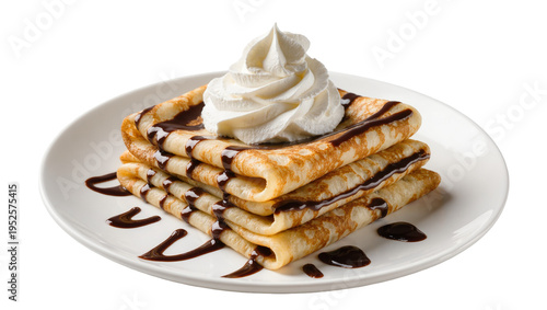 Bild auf Leinwand Isolated stack of folded crepes with rich chocolate syrup and creamy whipped topping