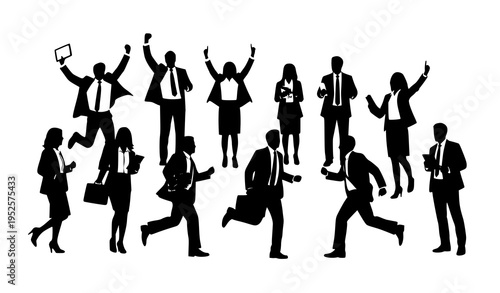 A group of business professionals in various poses in black silhouette