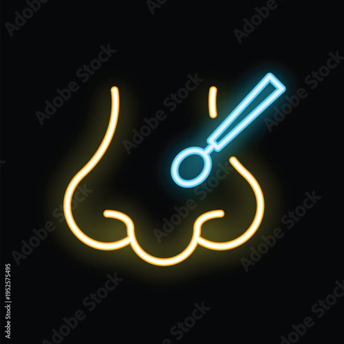 Neon medical icon depicting a doctor examining a patient's nose using a medical instrument, potentially for diagnosis or treatment