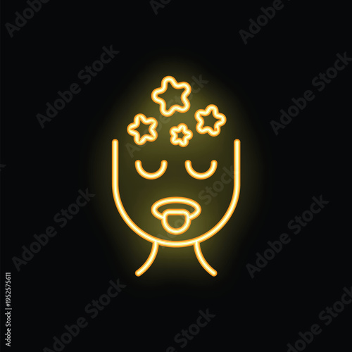Bright yellow neon icon of a sleeping baby with closed eyes and pacifier in mouth, stars shining above head