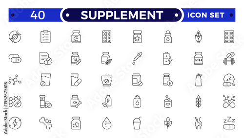 Supplement outline icon set. Containing vitamin, nutritional Supplements, capsule, protein, minerals, herbal, probiotic, antioxidant and more.
