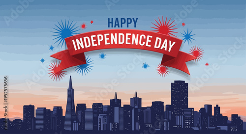 City skyline on Independence Day with festive banner