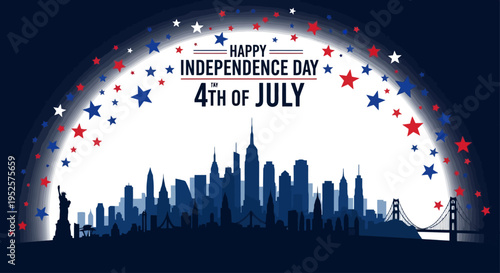 City skyline on 4th of July with patriotic stars and text