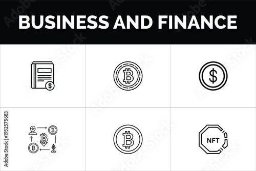 Set of 6 Outline Business and Finance Icons Vector Collection Featuring Cryptocurrency, NFT, and Financial Transaction Symbols for Digital Projects