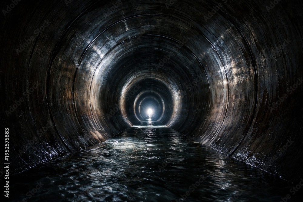Fototapeta premium Dramatic underground sewer tunnel with flowing water and distant light at vanishing point