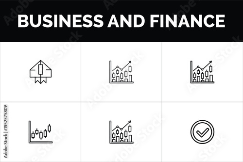 Set of 5 black outline vector icons for business and finance, featuring a certificate, two bar graphs with upward trends, a candlestick chart, and a checked circle
