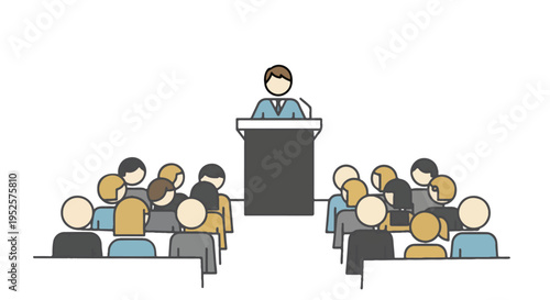 A vector illustration shows a speaker at a podium addressing an audience seated in an auditorium, representing a business meeting or educational lecture.