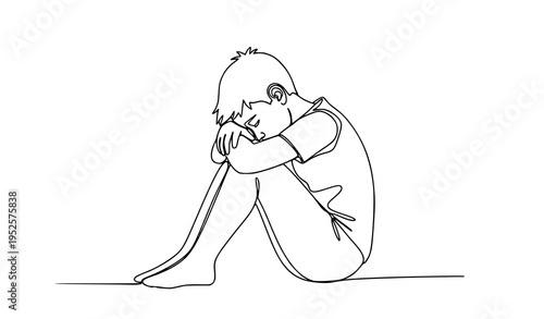 A minimalist line art illustration of a sad child sitting alone