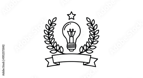 Black line drawing of a lightbulb surrounded by laurel leaves and a banner on a white background with a star.
