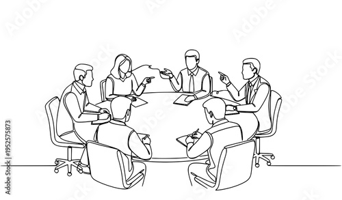 A minimalist line art illustration of a business meeting in a conference room