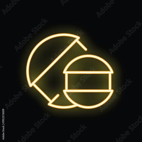 Bright yellow neon sign of two pills glowing on black background
