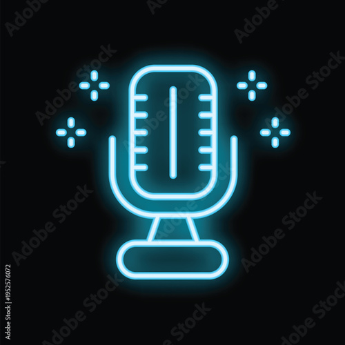 Bright blue neon microphone glowing on a dark background, representing audio recording, broadcasting, and music production