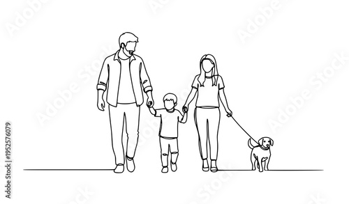 A minimalist line art illustration of a family walking with their dog