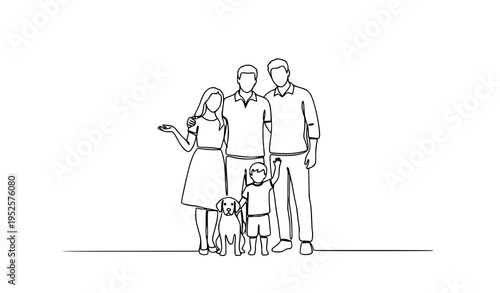 A minimalist line art illustration of a happy family with a dog