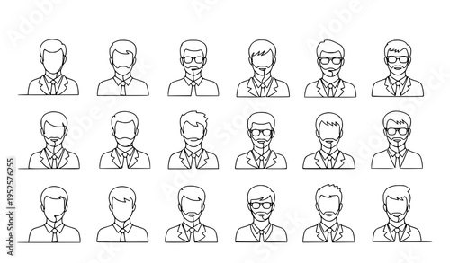 A set of minimalist line art illustrations of businessmen with various hairstyles and facial features