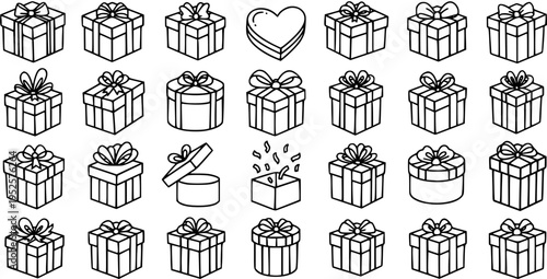 Black and White Line Art Doodle Gift Boxes and Presents Icons Collection. Hand-drawn Outline Elements for Celebrations, Holidays, and Special Occasions.