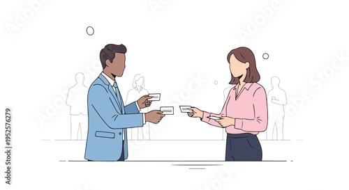 Two professionals, a man and a woman, are exchanging business cards in a networking or business meeting setting, with other people subtly in the background.