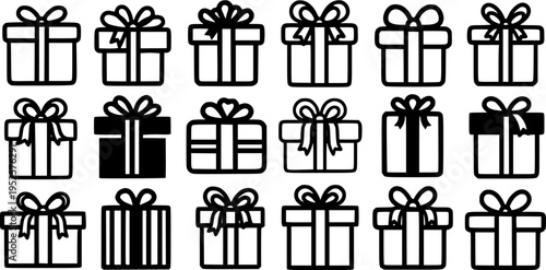 Black and White Line Art Gift Boxes Icons Collection for Celebration, Holiday, and Retail Design - Simple Outline Present Glyphs for Gifting and Shopping