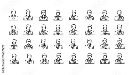 A minimalist vector graphic illustration of multiple businessmen icons in a grid