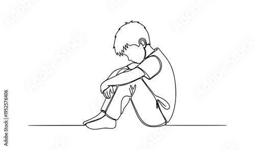 A sad boy sitting alone in a simple line art illustration