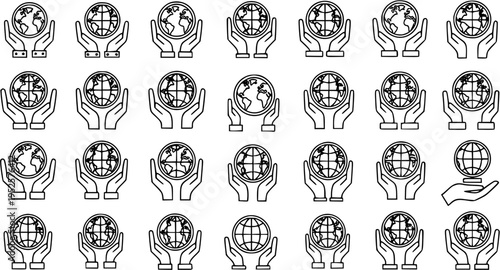 Environment and Global Care Line Art Icon Set: Hands Holding Earth Globe, symbolizing Sustainability, Protection, and Charity