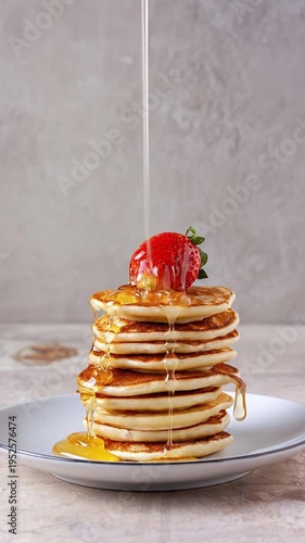 honey pouring over a stack of pancakes with strawberries