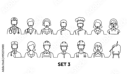 A set of minimalist line art illustrations depicting various professionals in different occupations
