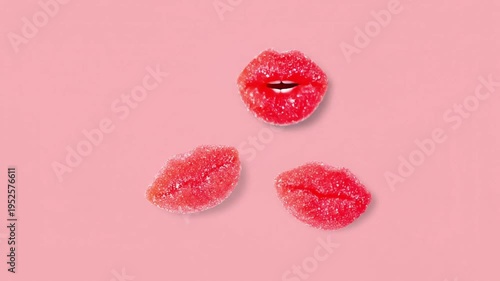  Red marmalade lips talking on a pink background