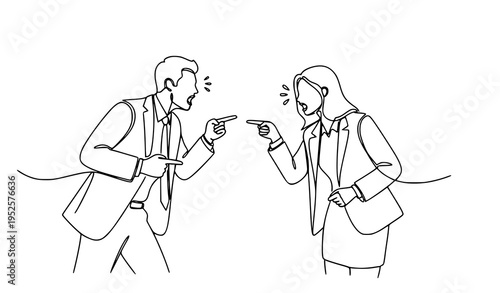 A minimalist line art illustration of a man and woman arguing in business attire