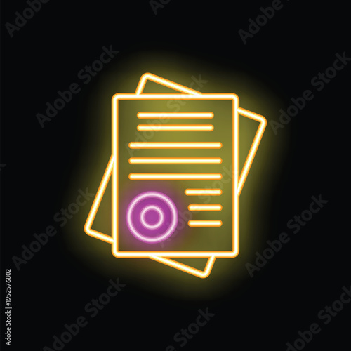 Neon sign representing a pile of important documents with a stamp, useful for topics like bureaucracy or business