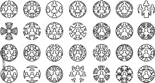 Diverse Crowd Icons: People Network, Community, Team, Group, Social Circle, Communication, Leadership, Collaboration, Diversity, Connection, Connection, Union, Meeting, Web, Society