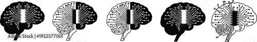 Set of digital human brain icons with circuit board patterns representing artificial intelligence machine learning neural networks and futuristic cognitive technology