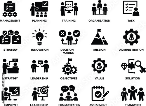 Business, management, and leadership, icon, set, featuring, silhouettes, for, planning, strategy, teamwork, innovation, training, mission, communication, assessment.
