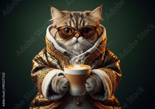 Sophisticated cat in ornate robe wearing glasses enjoys a cup of coffee
