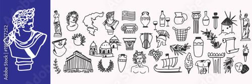 Ancient Greece doodle icon set temples, columns, amphorae, statues and symbols