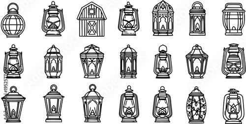 Black and white line art icons of various vintage lanterns, oil lamps, and barn for decoration and lighting