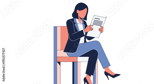 A stylishly dressed businesswoman sits on a chair, intently reading a document, depicted in a modern flat vector style.