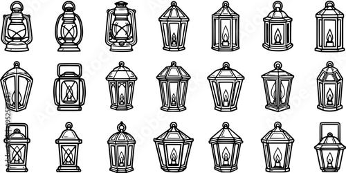 Black and White Line Art of Various Lanterns and Lamps, Vector Illustration