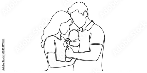 Newborn Baby With Parents Continuous One Line Minimalist Family Vector Illustration