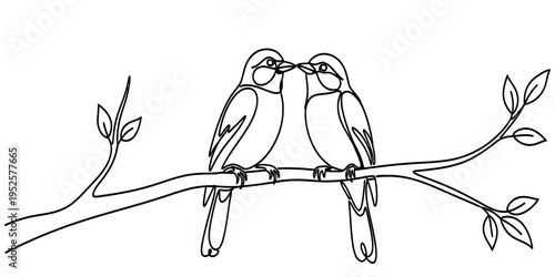 Minimalist Continuous Line Drawing of Two Birds Sitting on Branch