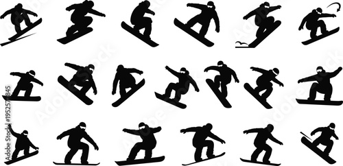 Black snowboarder silhouettes in dynamic poses, winter sports tricks, extreme snowboarding jumps, outdoor adventure vector illustration design collection
