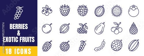 Berries and Exotic Fruits Icon Set — Strawberry, Blueberry, Lychee, Dragon Fruit, Cherry Line Art