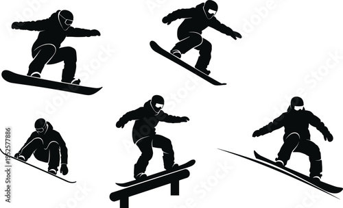 Black snowboarder silhouettes performing tricks, dynamic poses, winter sports action, extreme snowboarding maneuvers, athletic jumps, rail slides, outdoor adventure vector illustration