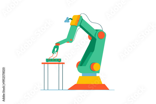 Neon Robotic Arm Assembling Electronics in Minimalist Smart Factory